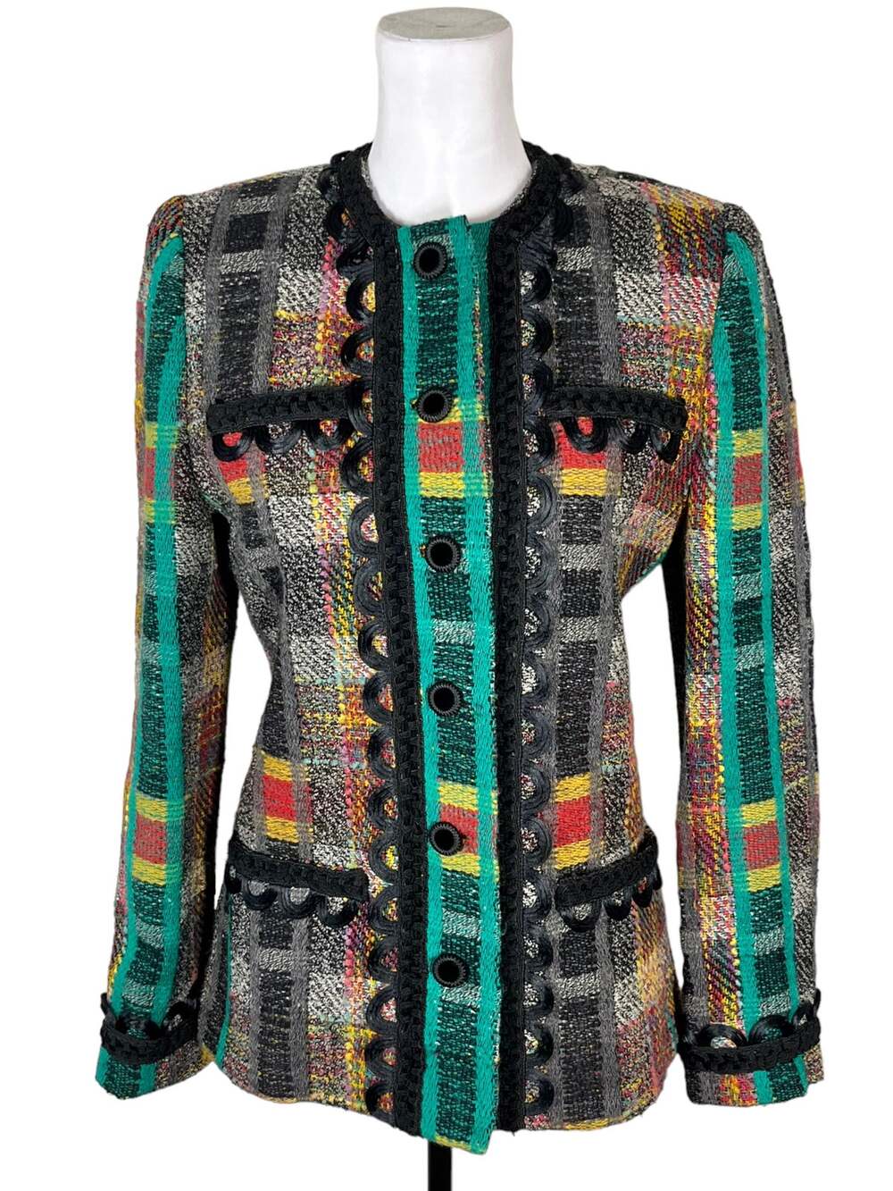 Vintage Doncaster Green Black Plaid Ornate Ribbon Trim Blazer Size 6